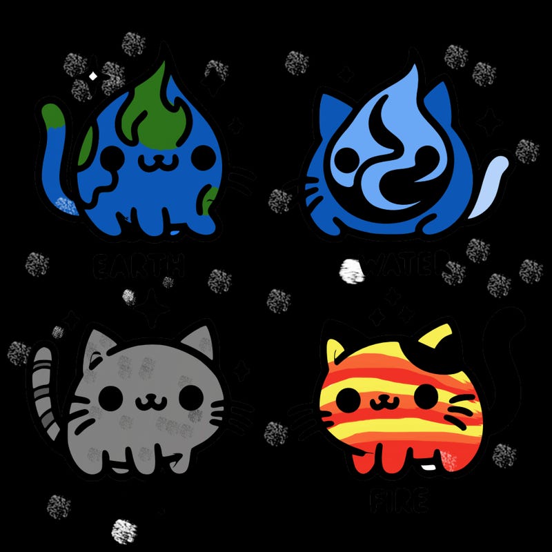 4 cats that represent the different elements, earth, water, air, and fire