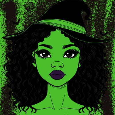 realistic black girl with wavy hair and witch hat and nose and lips
