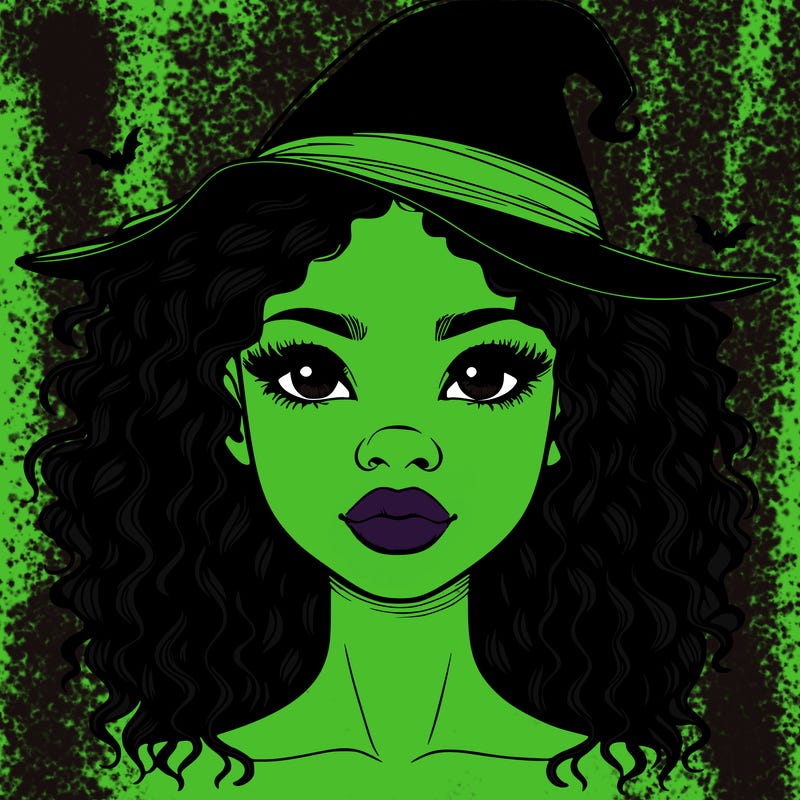 realistic black girl with wavy hair and witch hat and nose and lips