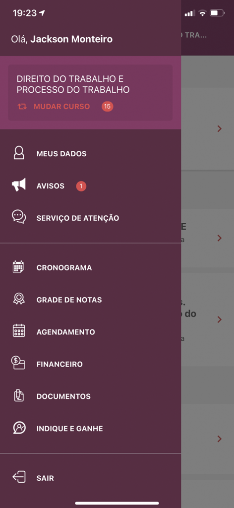 Portal do Aluno - Side navigation menu of the Portal do Aluno app showing student tools like grades schedule and financial services