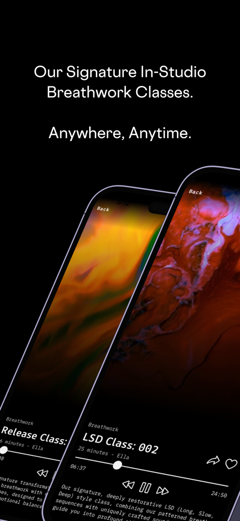 Two iPhones displaying signature breathwork classes from The Breath Haus app