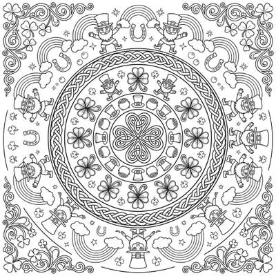Discover the magic of Ireland with this stunning leprechaun mandala coloring page, perfect for celebrating St. Patrick's Day. Its symmetrical design filled with lucky symbols offers a delightful and intricate coloring experience for all ages.