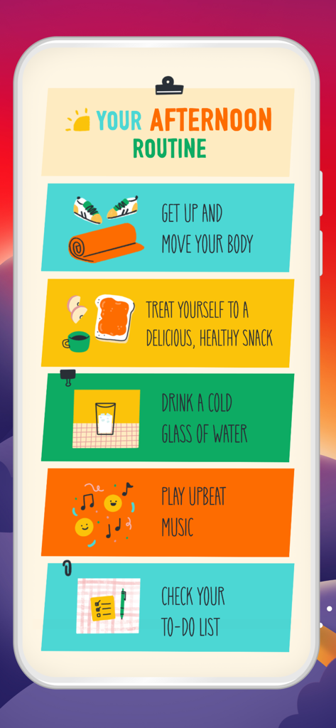 Fabulous app interface displaying a colorful afternoon routine checklist with healthy habits.