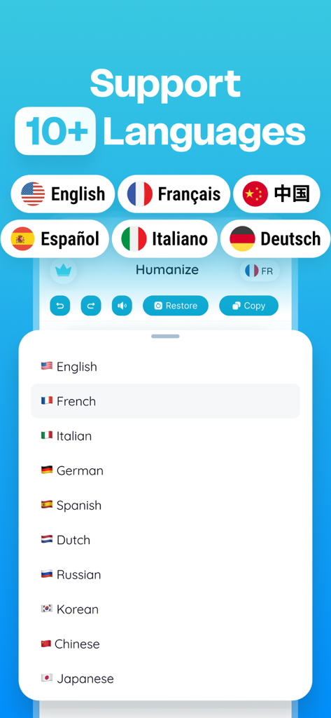 Humanize AI Text & AI Detector - Interfaccia dell'app Humanize AI Text che mostra un elenco di oltre 10 lingue supportate per la traduzione e l'umanizzazione