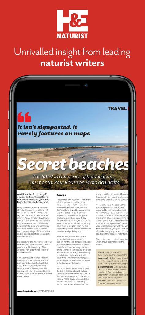H and E Naturist app showing a magazine article about secret beaches