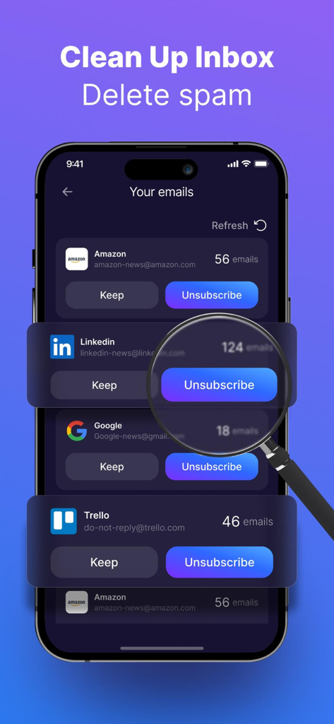 iPhone screen showing the iCleanUp app email cleaner feature with an unsubscribe button highlighted for LinkedIn emails