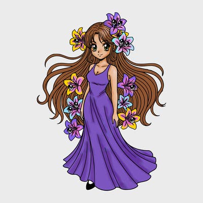 beautiful girl with a long flowing dress and extra long flowing hair with lillie's in her hair
