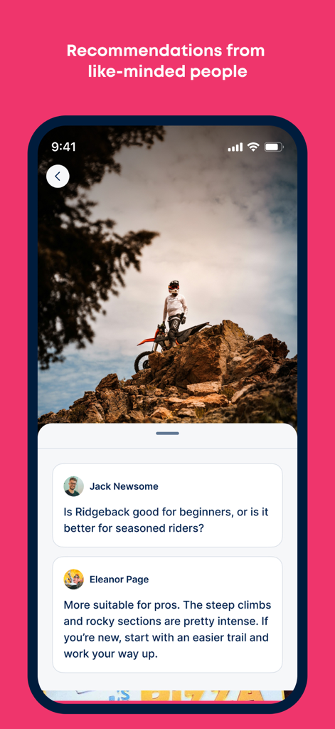 Screenshot of Atly app showing a community discussion about mountain biking trails and recommendations from like-minded people