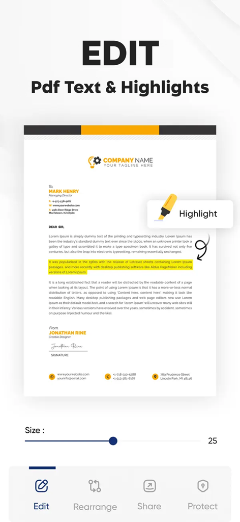 Photo to PDF Converter Doc - Interfaz de una app móvil mostrando funciones de edición y resaltado de texto en un documento PDF.