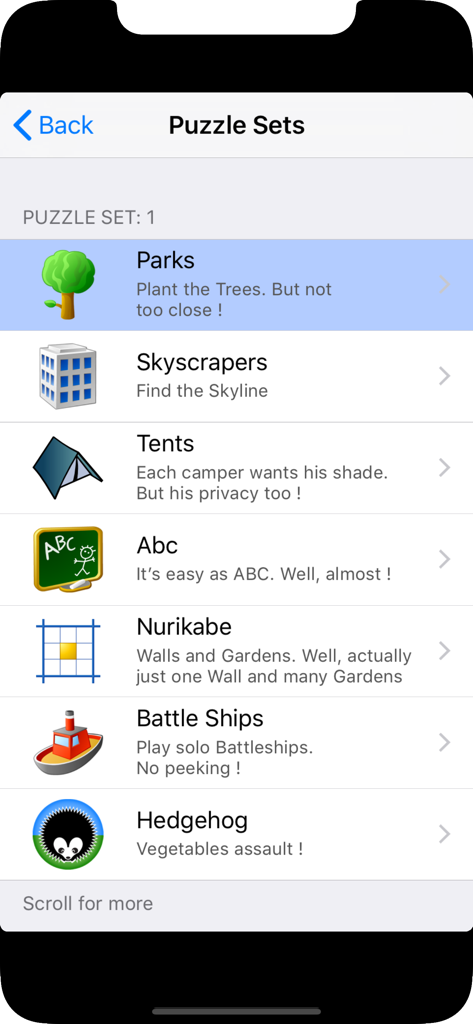 100 Logic Games - Time Killers - A list of various logic puzzle games including Parks, Skyscrapers, and Tents in the app menu.