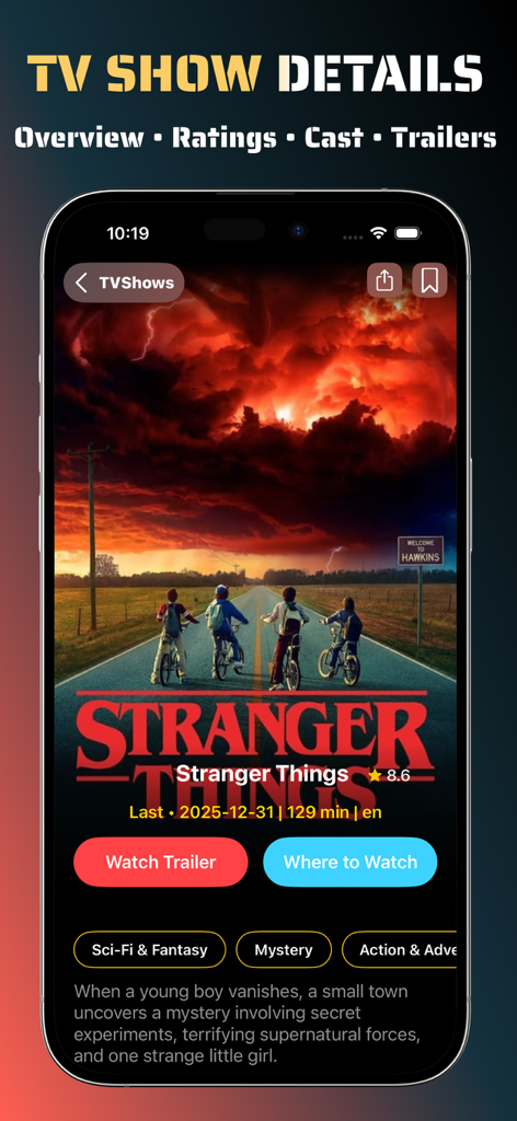 MovieBoxアプリインターフェース、ストレンジャー・シングスのテレビ番組詳細（評価、予告編ボタン、ジャンルタグを含む）を表示