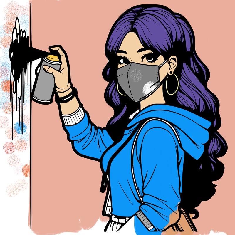 realistic girl with mask spray painting a wall