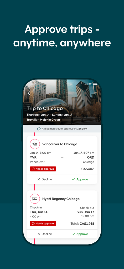 Melon - Business Travel - Melon app interface showing mobile trip approval for flights and hotel bookings