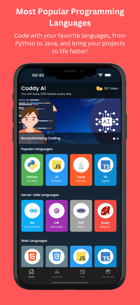 Interfaccia dell'app AI Coding Editor che mostra un elenco di linguaggi di programmazione popolari come Python, Java e C#