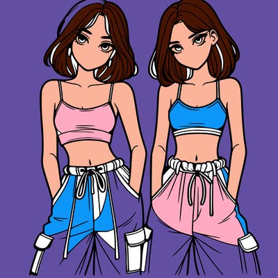 two girls with crop top with baggy pants