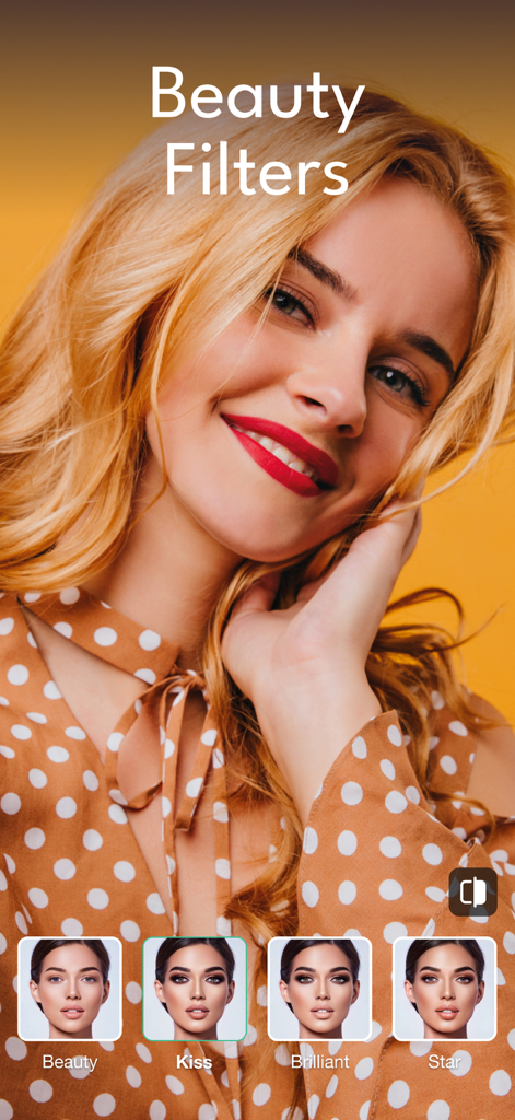 A woman smiling with red lipstick showcasing beauty filters in the Persona app