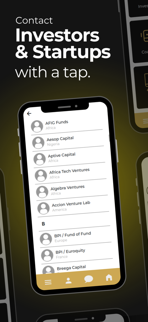 The African CEO - Uma lista de investidores globais e firmas de capital de risco na interface do aplicativo The African CEO