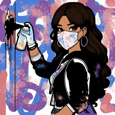 realistic girl with mask spray painting a wall