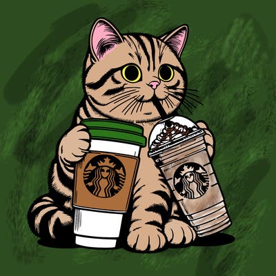 realistic cat drinking realistic starbucks coffee