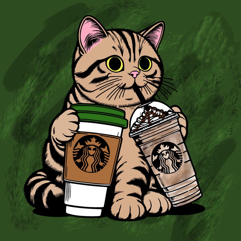 realistic cat drinking realistic starbucks coffee