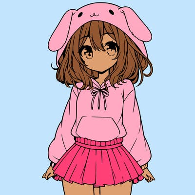 pretty anime girl wearing a fluffy hoodie with bunny ears on the hood and a skirt