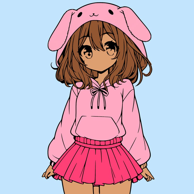 pretty anime girl wearing a fluffy hoodie with bunny ears on the hood and a skirt