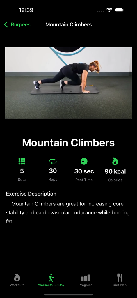 Lose Belly Fat: Women Fitness - Guía de ejercicio de escaladores de montaña que muestra series, repeticiones, tiempo de descanso y calorías quemadas en la aplicación Pierde Grasa Abdominal.