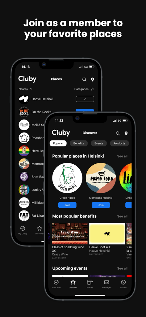 Cluby app screens showing nearby restaurants and popular membership benefits.