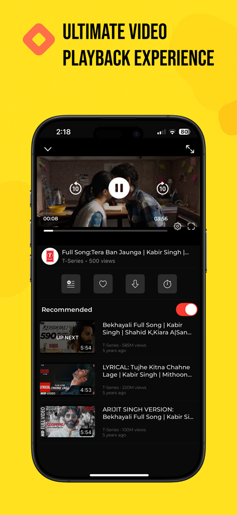 Stube : Offline Music & Videos - Interface du lecteur vidéo de l'application Stube sur iPhone affichant les commandes de lecture et les chansons recommandées.