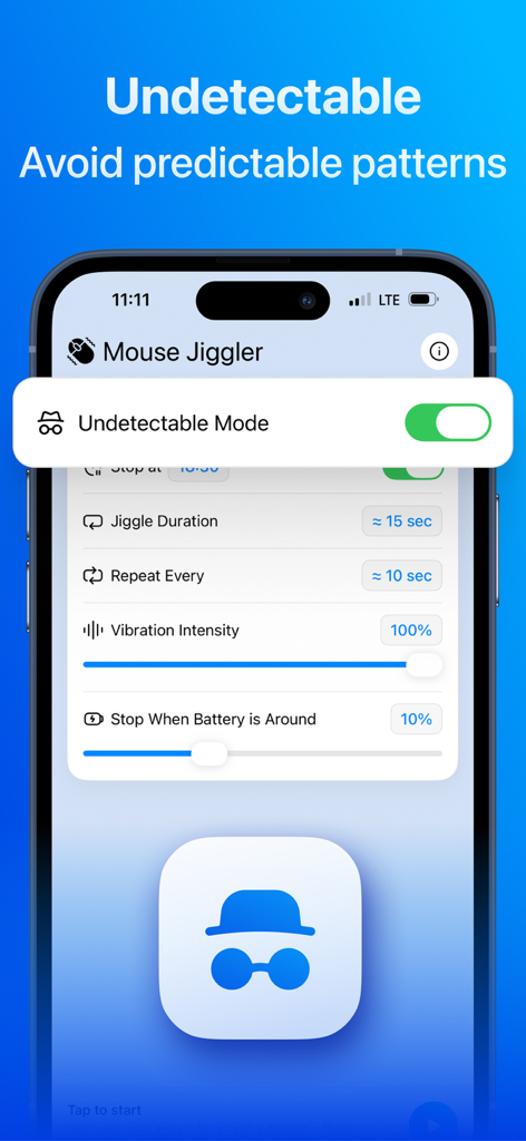 Mouse Jiggler – Cursor Mover - Interface of Mouse Jiggler app showing the undetectable mode toggle and movement frequency settings