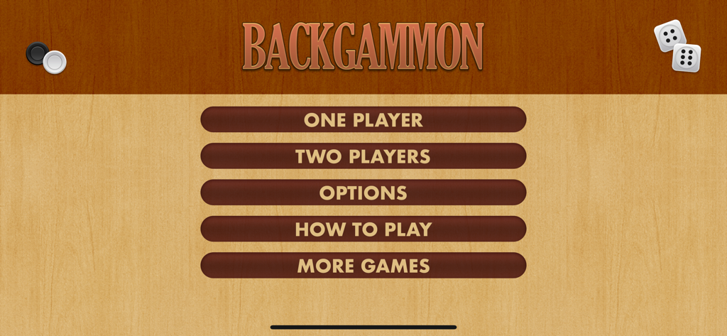 Main menu of the Backgammon Pro app featuring game options like one player and two players on a wooden background.