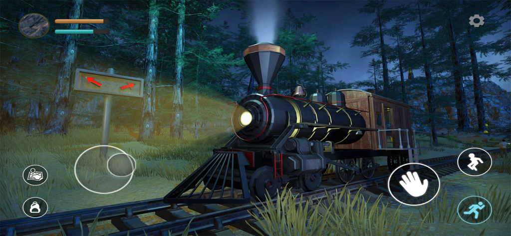 Charles Train - A black steam train on tracks in a dark forest at night with mobile game controls