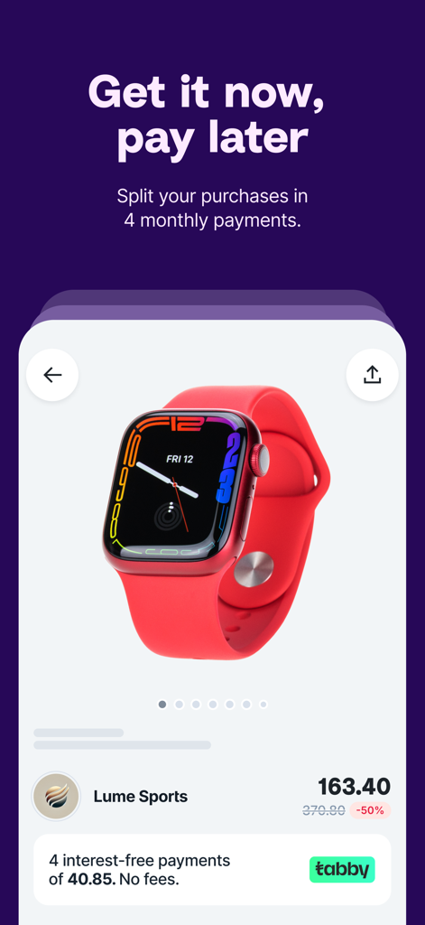Tabby app interface showing a smartwatch with an option to split the purchase into four interest-free monthly payments.