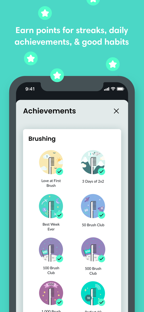 quip: Oral Care Companion - Erfolgsbildschirm in der quip-App mit verschiedenen Putz-Abzeichen und Meilensteinen.