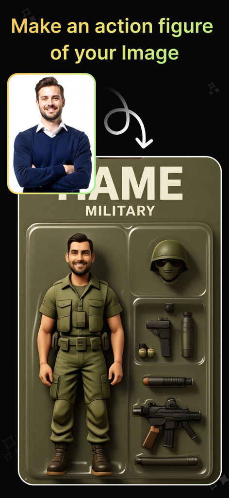 Uma figura de ação militar personalizada e embalagem criada a partir de uma foto usando IA
