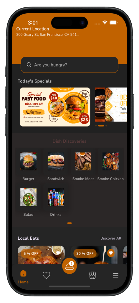 The Shack - The Shack app home screen showing smoked meat categories and special offers