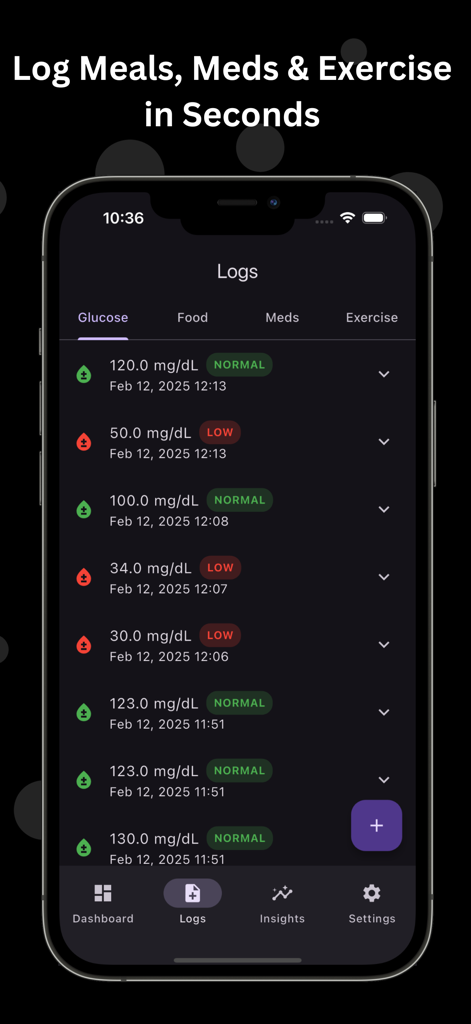 Interface do aplicativo Glucose Tracker mostrando um histórico de leituras de açúcar no sangue com rótulos de status como normal e baixo.