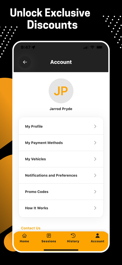 Care Park AU - Care Park AU app account settings screen with menu options for profile, payment methods, and vehicles.