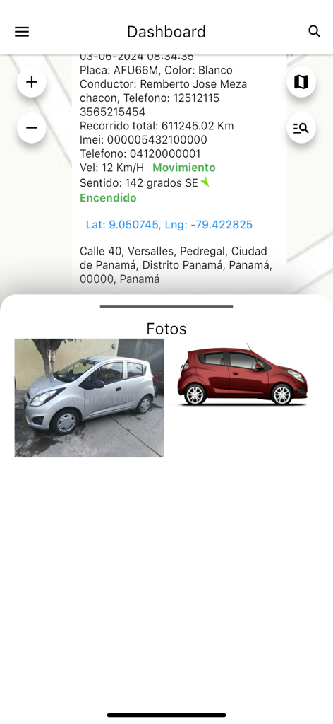 Rastreo GPS V3 dashboard displaying detailed vehicle tracking information and identification photos of a car