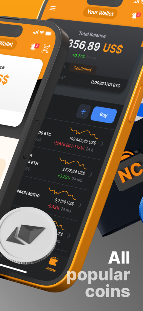 NC Wallet mobile app interface showing cryptocurrency portfolio with popular coins like Bitcoin and Ethereum.