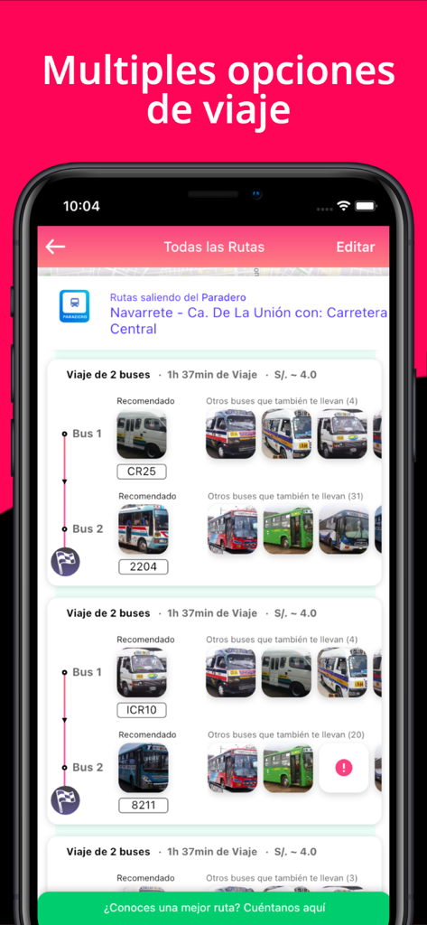 TuRuta (antes TuMicro) - TuRuta app screenshot showing multiple public transit route options with bus photos and travel times in Lima