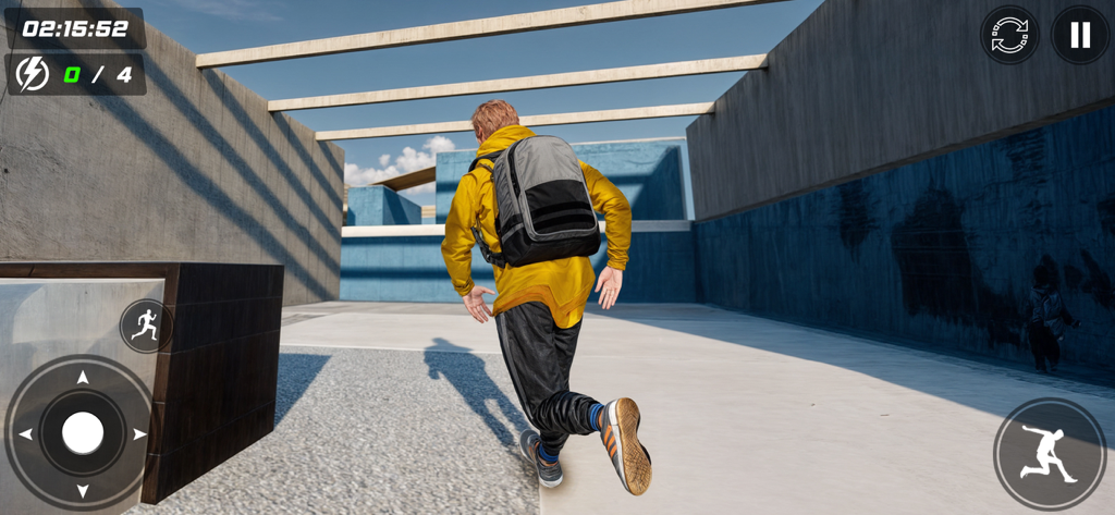Going Up Rooftop Parkour Games - A character in a yellow jacket and backpack running through an urban rooftop parkour course in a 3D mobile game.