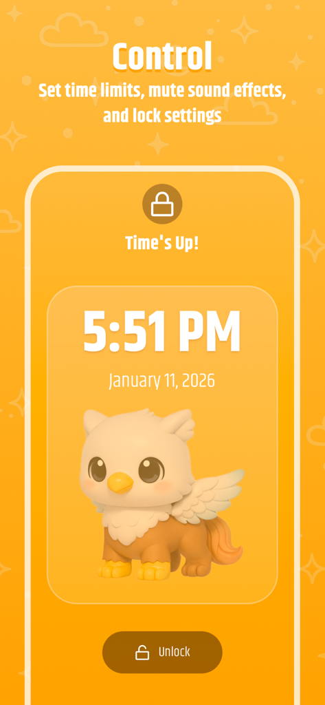 My Magic Phone - Bildschirm zur Kindersicherung in der App Mein magisches Handy, der eine Benachrichtigung über ein Zeitlimit und ein niedliches Zeichen anzeigt.