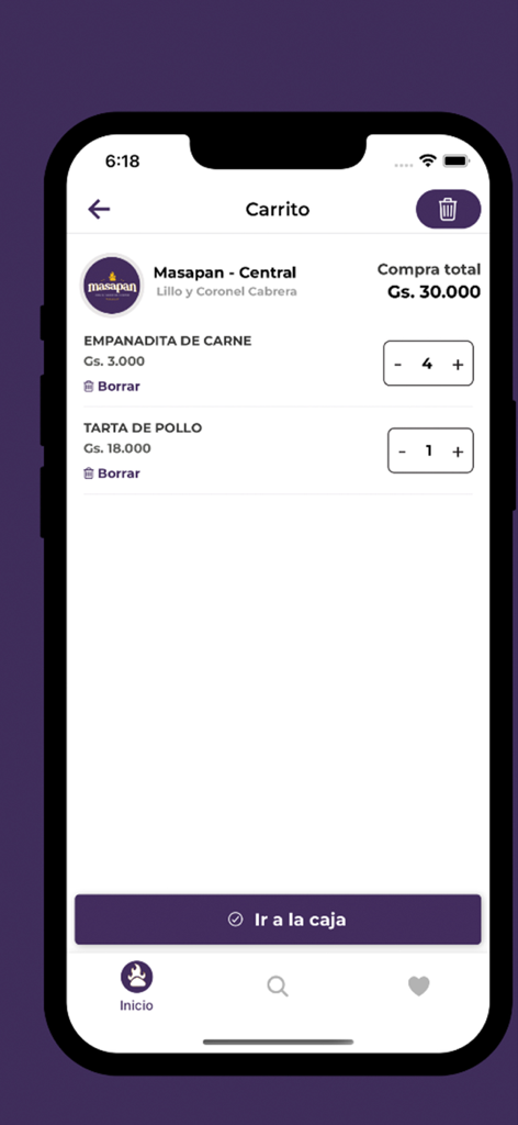 Warenkorbbildschirm in der Masapan Paraguay Mobile App, der Lebensmittelartikel und den Gesamtbestellwert anzeigt