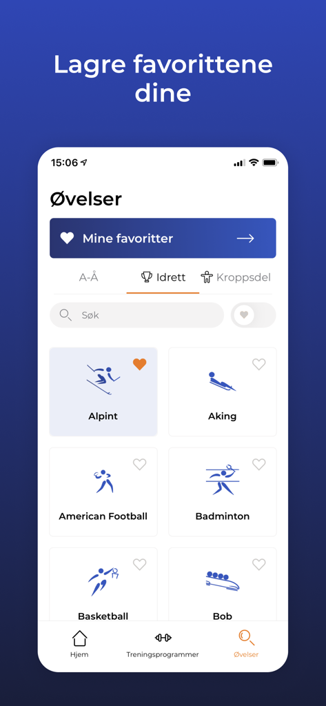 Skadefri - Mobile screen of the Skadefri app showing a menu of sports categories including alpine skiing, American football, and basketball.