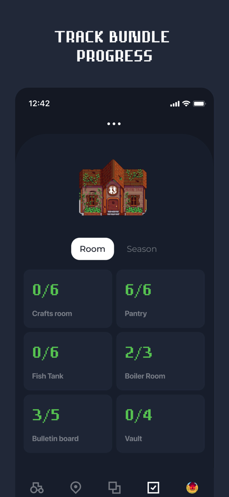 SV Guide - Schermata dell'app mobile che mostra il monitoraggio dei progressi dei pacchi per il Centro Comunitario in Stardew Valley