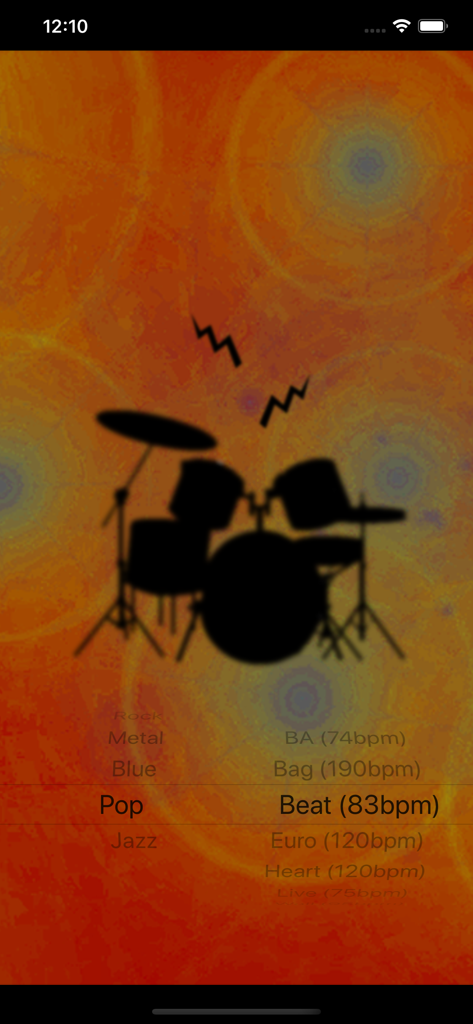 Interface of the Drum Loop app featuring a drum kit silhouette and a scrollable list of music genres and drum patterns