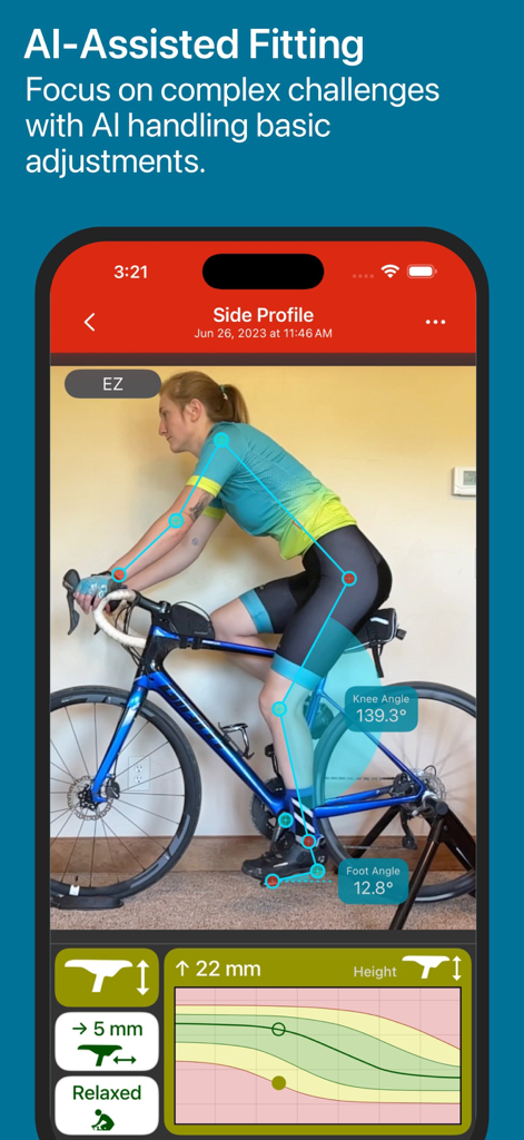 Análisis de ajuste de bicicleta asistido por IA que muestra a un ciclista con seguimiento de articulaciones sin marcadores y mediciones de ángulos.