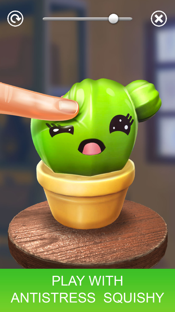Make Super Squishy - Simulator - A finger pressing on a cute green cactus squishy toy in a 3D antistress simulator game.