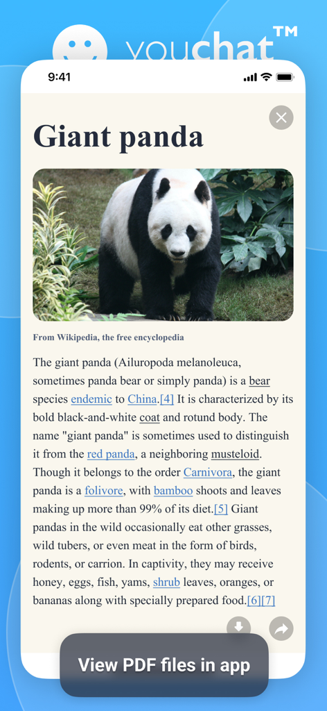 YouChat2.0 - Interfaccia dell'app YouChat 2.0 che mostra un articolo di Wikipedia su un Panda Gigante con un pulsante per visualizzare file PDF nell'app.